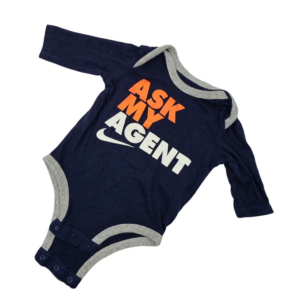Nike Baby Bodysuit One-Piece 0-3‎ Months Ask My Agent Navy Gray Long Sleeve EUC